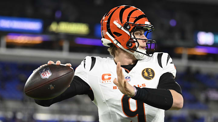 Nov 27, 2025; Baltimore, Maryland, USA; Cincinnati Bengals quarterback Joe Burrow (9) practices before the game at M&T Bank Stadium. Mandatory Credit: Tommy Gilligan-Imagn Images
