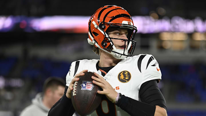 Nov 27, 2025; Baltimore, Maryland, USA; Cincinnati Bengals quarterback Joe Burrow (9) practices before the game at M&T Bank Stadium. Mandatory Credit: Tommy Gilligan-Imagn Images