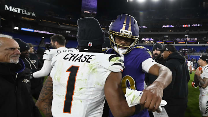 Nov 27, 2025; Baltimore, Maryland, USA; Cincinnati Bengals wide receiver Ja'Marr Chase (1) reacts with Baltimore Ravens tight end Isaiah Likely (80) after the game at M&T Bank Stadium. Mandatory Credit: Tommy Gilligan-Imagn Images
