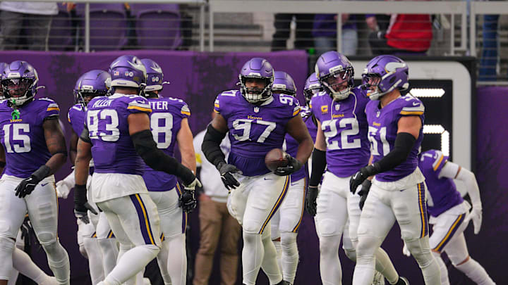 Dec 7, 2025; Minneapolis, Minnesota, USA; Minnesota Vikings nose tackle Javon Hargrave (97) reacts against the Washington Commanders during the second half at U.S. Bank Stadium. Mandatory Credit: Brad Rempel-Imagn Images