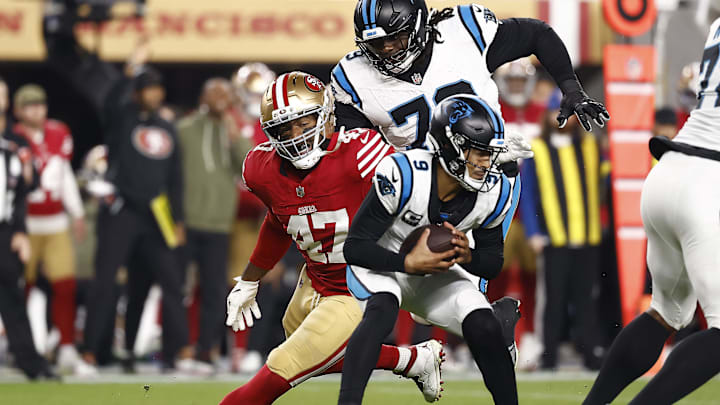 Nov 24, 2025; Santa Clara, California, USA; San Francisco 49ers defensive end Bryce Huff (47) puts pressure on Carolina Panthers quarterback Bryce Young (9) during the first half at Levi's Stadium. Mandatory Credit: Kelley L Cox-Imagn Images
