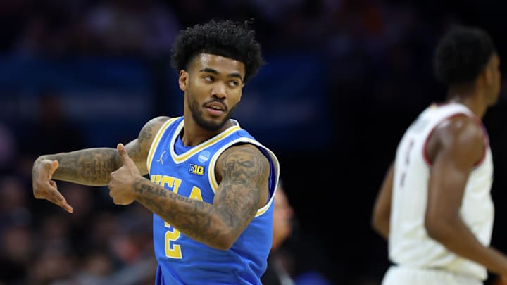 Mar 22, 2026; Philadelphia, PA, USA; UCLA Bruins guard Donovan Dent (2) reacts UConn Huskies in the first half during a second round game of the men's 2026 NCAA Tournament at Xfinity Mobile Arena. Mandatory Credit: Bill Streicher-Imagn Images Mar 22, 2026; Philadelphia, PA, USA; UCLA Bruins guard Donovan Dent (2) reacts UConn Huskies in the first half during a second round game of the men's 2026 NCAA Tournament at Xfinity Mobile Arena. Mandatory Credit: Bill Streicher-Imagn Images