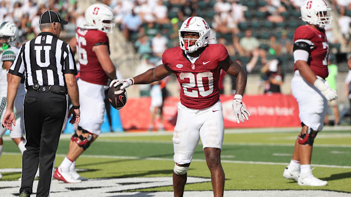 Aug 23, 2025; Honolulu, Hawaii, USA; Stanford Cardinal running back Micah Ford (20) reacts after making a touch down over Hawaii Rainbow Warriors during the second half at Clarence T.C. Ching Athletics Complex. Mandatory Credit: Marco Garcia-Imagn Images Aug 23, 2025; Honolulu, Hawaii, USA; Stanford Cardinal running back Micah Ford (20) reacts after making a touch down over Hawaii Rainbow Warriors during the second half at Clarence T.C. Ching Athletics Complex. Mandatory Credit: Marco Garcia-Imagn Images