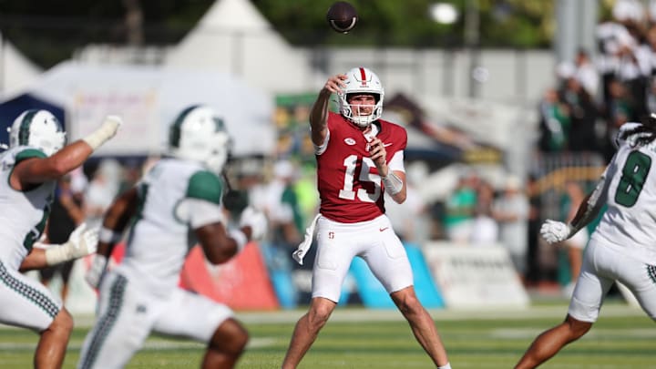 Aug 23, 2025; Honolulu, Hawaii, USA;  Stanford Cardinal quarterback Ben Gulbranson (15) makes a pass against Hawaii Rainbow Warriors during the second half at Clarence T.C. Ching Athletics Complex. Mandatory Credit: Marco Garcia-Imagn Images