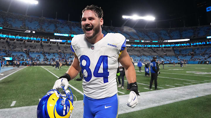 Jan 10, 2026; Charlotte, NC, USA; Los Angeles Rams tight end Colby Parkinson (84) reacts after the game against the Carolina Panthers in the NFC Wild Card Round game at Bank of America Stadium. Mandatory Credit: Bob Donnan-Imagn Images Jan 10, 2026; Charlotte, NC, USA; Los Angeles Rams tight end Colby Parkinson (84) reacts after the game against the Carolina Panthers in the NFC Wild Card Round game at Bank of America Stadium. Mandatory Credit: Bob Donnan-Imagn Images