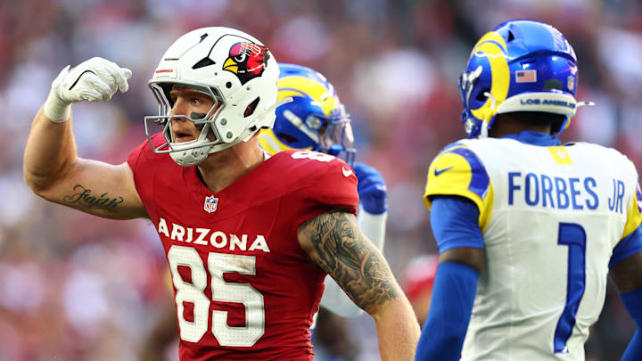 Dec 7, 2025; Glendale, Arizona, USA; Arizona Cardinals tight end Trey McBride (85) reacts after a catch against the Los Angeles Rams during the first half at State Farm Stadium. Mandatory Credit: Mark J. Rebilas-Imagn Images Dec 7, 2025; Glendale, Arizona, USA; Arizona Cardinals tight end Trey McBride (85) reacts after a catch against the Los Angeles Rams during the first half at State Farm Stadium. Mandatory Credit: Mark J. Rebilas-Imagn Images