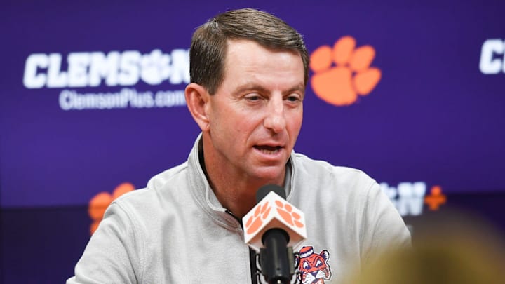 Clemson Head Coach Dabo Swinney introduces newly hired football defensive coordinator Tom Allen, formerly at Penn State University, in the Smart Family Media Center at Clemson University in Clemson, S.C. Wednesday, January 15, 2024.