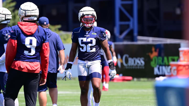 Jul 26, 2024; Foxborough, MA, USA; New England Patriots defensive end William Bradley-King (52) waits for the start of a drill during training camp at Gillette Stadium. Jul 26, 2024; Foxborough, MA, USA; New England Patriots defensive end William Bradley-King (52) waits for the start of a drill during training camp at Gillette Stadium.