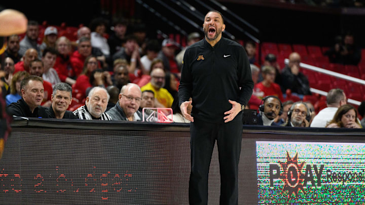 Jan 13, 2025; College Park, Maryland, USA; Minnesota Golden Gophers head coach Ben Johnson calls a play during the first half against the Maryland Terrapins at Xfinity Center. Mandatory Credit: Reggie Hildred-Imagn Images Jan 13, 2025; College Park, Maryland, USA; Minnesota Golden Gophers head coach Ben Johnson calls a play during the first half against the Maryland Terrapins at Xfinity Center. Mandatory Credit: Reggie Hildred-Imagn Images