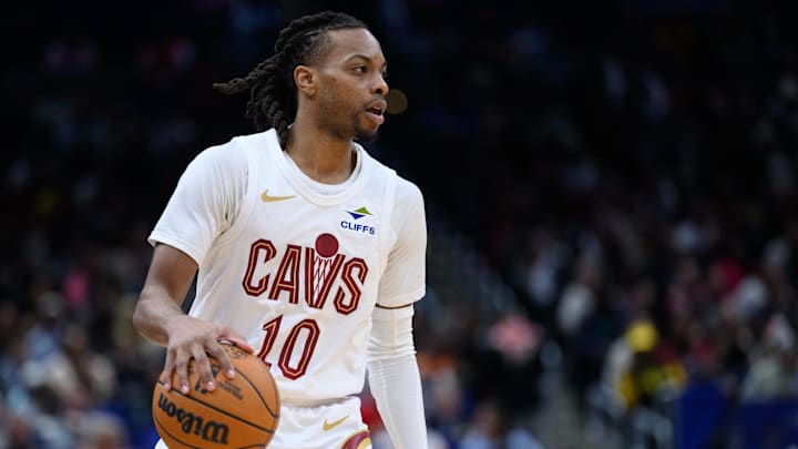 Feb 7, 2025; Washington, District of Columbia, USA; Cleveland Cavaliers guard Darius Garland (10) handles the ball during the third quarter against the Washington Wizards at Capital One Arena. Mandatory Credit: Reggie Hildred-Imagn Images