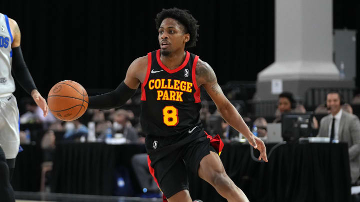 Dec 22, 2021; Las Vegas, NV, USA;  College Park Skyhawks guard Uchenna Iroegbu (8) dribbles during the third quarter against the Texas Legends at Mandalay Bay Convention Center. Mandatory Credit: Stephen R. Sylvanie-USA TODAY Sports