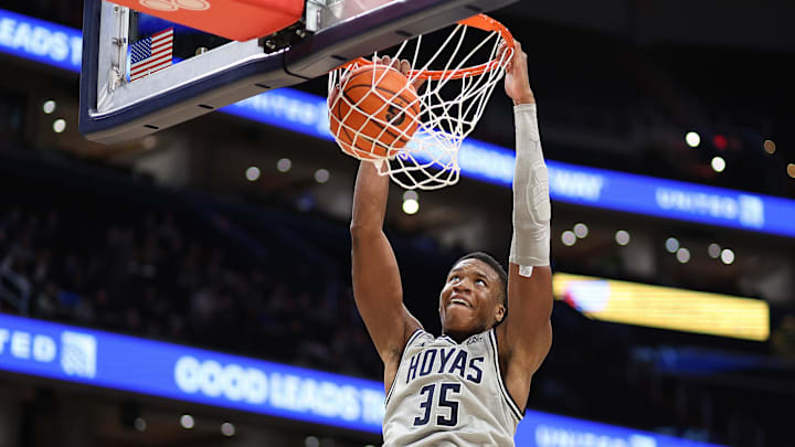 Dec 28, 2024; Washington, District of Columbia, USA; Georgetown Hoyas forward Thomas Sorber (35) dunks during the first  half against the Coppin State Eagles at Capital One Arena. Mandatory Credit: Daniel Kucin Jr.-Imagn Images