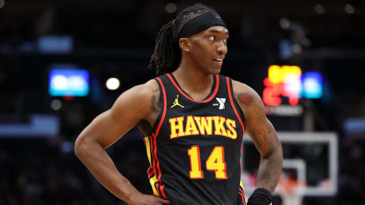 Feb 8, 2025; Washington, District of Columbia, USA; Atlanta Hawks guard Terance Mann (14) looks on during the first half against the Washington Wizards at Capital One Arena. Mandatory Credit: Daniel Kucin Jr.-Imagn Images