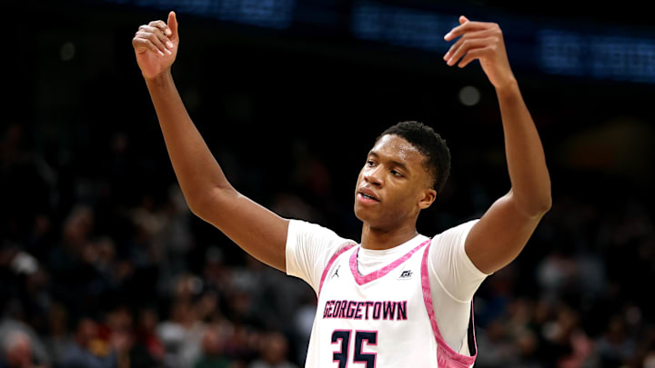 Feb 8, 2025; Washington, District of Columbia, USA; Georgetown Hoyas forward Thomas Sorber (35) celebrates during the second half against the Seton Hall Pirates at Capital One Arena. Mandatory Credit: Daniel Kucin Jr.-Imagn Images