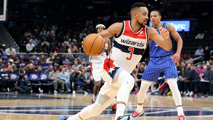 Jan 6, 2026; Washington, District of Columbia, USA; Washington Wizards guard CJ McCollum (3) drives to the basket during the second half against the Orlando Magic at Capital One Arena. Mandatory Credit: Daniel Kucin Jr.-Imagn Images