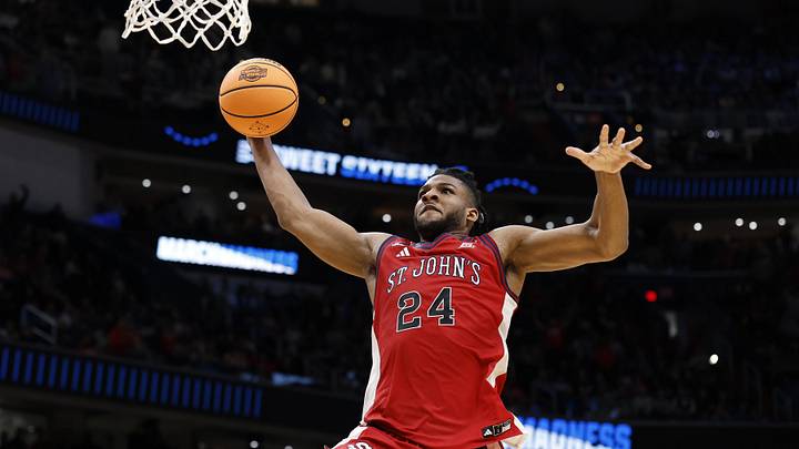 Mar 27, 2026; Washington, DC, USA; St. John's Red Storm forward Zuby Ejiofor (24) goes in for a dunk against the Duke Blue Devils in the second half during a Sweet Sixteen game of the East Regional of the men's 2026 NCAA Tournament at Capital One Arena. Mandatory Credit: Amber Searls-Imagn Images Mar 27, 2026; Washington, DC, USA; St. John's Red Storm forward Zuby Ejiofor (24) goes in for a dunk against the Duke Blue Devils in the second half during a Sweet Sixteen game of the East Regional of the men's 2026 NCAA Tournament at Capital One Arena. Mandatory Credit: Amber Searls-Imagn Images