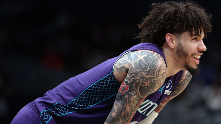 Feb 22, 2026; Washington, District of Columbia, USA; Charlotte Hornets guard LaMelo Ball (1) looks on during the first half against the Washington Wizards at Capital One Arena. Mandatory Credit: Daniel Kucin Jr.-Imagn Images