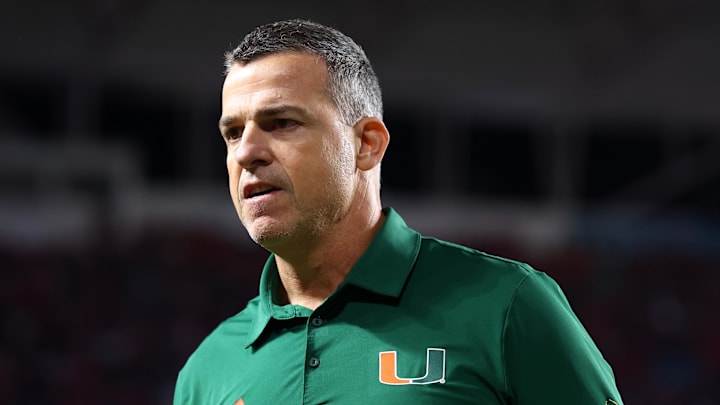 Jan 19, 2026; Miami Gardens, FL, USA; Miami Hurricanes head coach Mario Cristobal before the College Football Playoff National Championship game at Hard Rock Stadium. Mandatory Credit: Mark J. Rebilas-Imagn Images