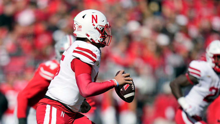 Nebraska Cornhuskers quarterback Dylan Raiola (15) runs with the ball against Ohio State Buckeyes during the second quarter of their game at Ohio Stadium on Oct 26, 2024, in Columbus.