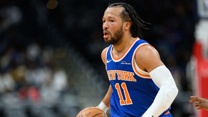 Oct 18, 2024; Washington, District of Columbia, USA; New York Knicks guard Jalen Brunson (11) dribbles the ball up the court during the first quarter against the Washington Wizards at Capital One Arena. Mandatory Credit: Reggie Hildred-Imagn Images