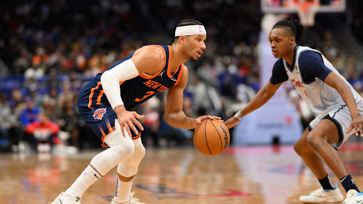 Dec 30, 2024; Washington, District of Columbia, USA; New York Knicks guard Josh Hart (3) handles the ball against Washington Wizards guard Carlton Carrington (8) during the second quarter at Capital One Arena. Mandatory Credit: Reggie Hildred-Imagn Images Dec 30, 2024; Washington, District of Columbia, USA; New York Knicks guard Josh Hart (3) handles the ball against Washington Wizards guard Carlton Carrington (8) during the second quarter at Capital One Arena. Mandatory Credit: Reggie Hildred-Imagn Images