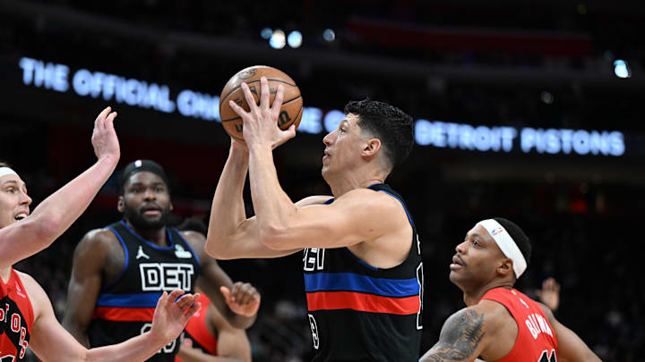 Jan 11, 2025; Detroit, Michigan, USA;  Detroit Pistons forward Simone Fontecchio (19) drives to the basket against the Toronto Raptors in the first quarter at Little Caesars Arena. Mandatory Credit: Lon Horwedel-Imagn Images