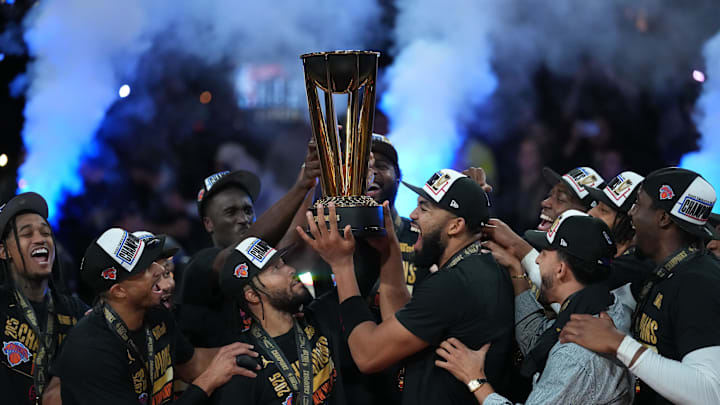 Dec 16, 2025; Las Vegas, Nevada, USA; The New York Knicks react after winning the Emirates NBA Cup Final at T-Mobile Arena. Mandatory Credit: Kirby Lee-Imagn Images