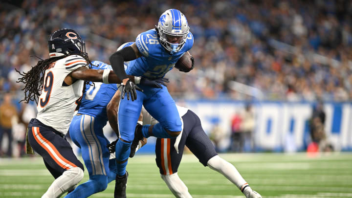 Nov 19, 2023; Detroit, Michigan, USA; Detroit Lions running back Jahmyr Gibbs (26) runs the ball against the Chicago Bears in the second quarter at Ford Field. Mandatory Credit: Lon Horwedel-USA TODAY Sports Nov 19, 2023; Detroit, Michigan, USA; Detroit Lions running back Jahmyr Gibbs (26) runs the ball against the Chicago Bears in the second quarter at Ford Field. Mandatory Credit: Lon Horwedel-USA TODAY Sports