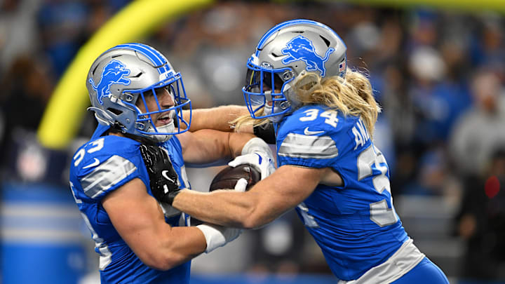 Detroit Lions linebacker Trevor Nowaske (53) celebrates with linebacker Alex Anzalone (34) Detroit Lions linebacker Trevor Nowaske (53) celebrates with linebacker Alex Anzalone (34)