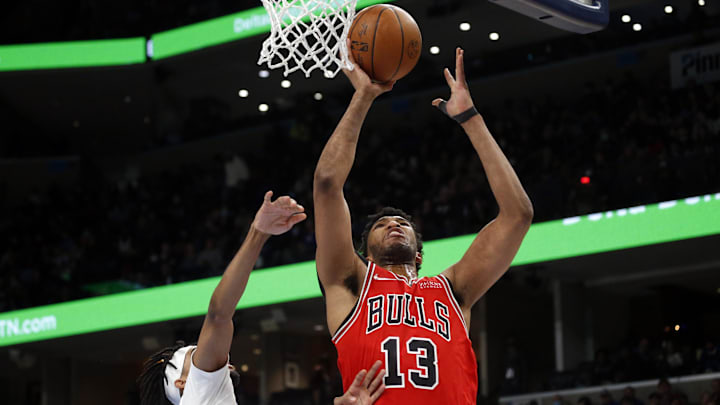 Jan 17, 2022; Memphis, Tennessee, USA; Chicago Bulls center Tony Bradley (13) shoots the ball during the second half against the Memphis Grizzles at FedExForum. Mandatory Credit: Petre Thomas-Imagn Images