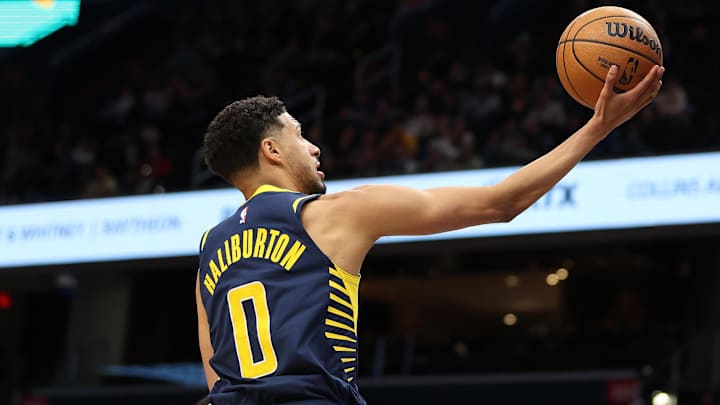 Mar 27, 2025; Washington, District of Columbia, USA; Indiana Pacers guard Tyrese Haliburton (0) shoots during the second half against the Washington Wizards at Capital One Arena. Mandatory Credit: Daniel Kucin Jr.-Imagn Images