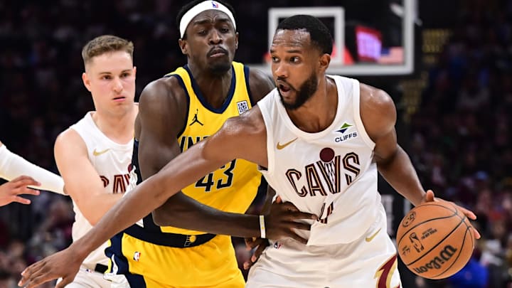 May 4, 2025; Cleveland, Ohio, USA; Indiana Pacers forward Pascal Siakam (43) defends Cleveland Cavaliers forward Evan Mobley (4) during the second half in game one of the second round for the 2025 NBA Playoffs at Rocket Arena. Mandatory Credit: Ken Blaze-Imagn Images