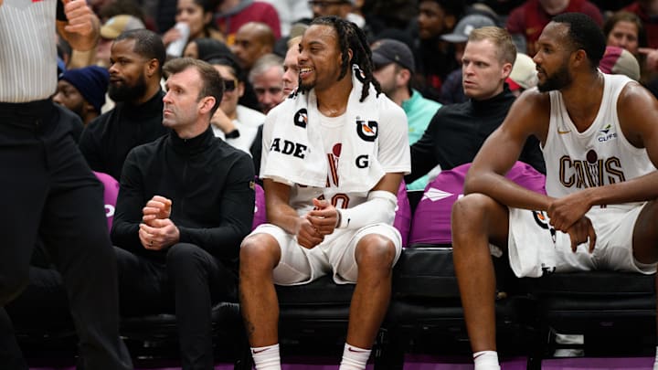 Feb 7, 2025; Washington, District of Columbia, USA; Cleveland Cavaliers guard Darius Garland (10) and forward Evan Mobley (4) looks on from the bench during the fourth quarter against the Washington Wizards at Capital One Arena. Mandatory Credit: Reggie Hildred-Imagn Images