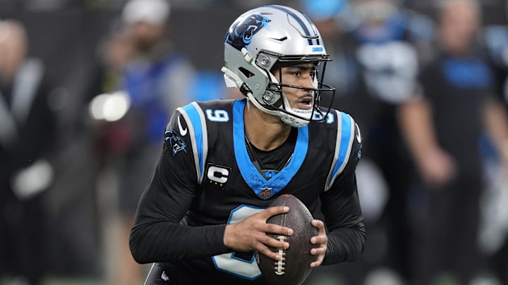 Jan 10, 2026; Charlotte, NC, USA; Carolina Panthers quarterback Bryce Young (9) drops back to pass against the Los Angeles Rams in the first half during the NFC Wild Card Round game at Bank of America Stadium. Mandatory Credit: Jim Dedmon-Imagn Images