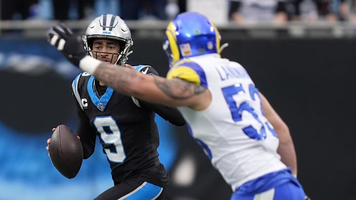 Jan 10, 2026; Charlotte, NC, USA; Carolina Panthers quarterback Bryce Young (9) drops back to pass against the Los Angeles Rams in the first half during the NFC Wild Card Round game at Bank of America Stadium. Mandatory Credit: Jim Dedmon-Imagn Images