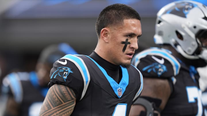 Jan 10, 2026; Charlotte, NC, USA; Carolina Panthers wide receiver Tetairoa McMillan (4) reacts in the first half during the NFC Wild Card Round game at Bank of America Stadium. Mandatory Credit: Jim Dedmon-Imagn Images