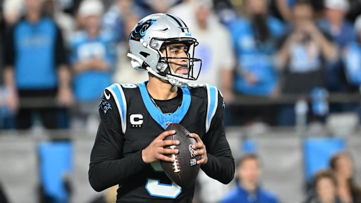 Carolina Panthers quarterback Bryce Young (9) drops back to pass against the Los Angeles Rams