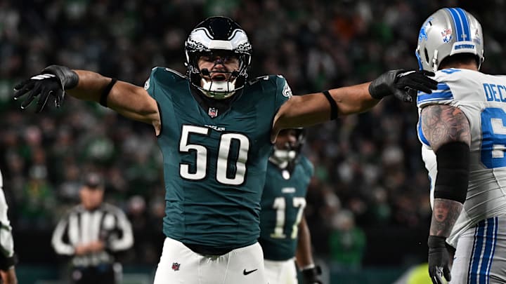 Philadelphia Eagles linebacker Jaelan Phillips (50) reacts after sacking Detroit Lions quarterback Jared Goff 