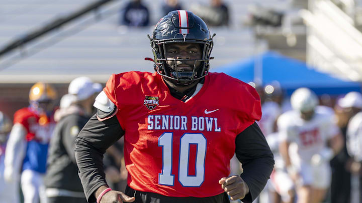 National Team defensive tackle Lee Hunter (10) of Texas Tech practices during National Senior Bowl practice