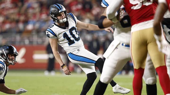 Carolina Panthers place kicker Ryan Fitzgerald (10) kicks a field goal against the San Francisco 49ers 