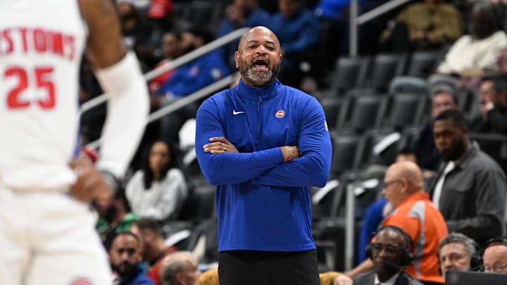 Oct 16, 2024; Detroit, Michigan, USA; Detroit Pistons head coach J.B Bickerstaff yells instructions to his players during their preseason game against the Cleveland Cavaliers in the second quarter at Little Caesars Arena. Mandatory Credit: Lon Horwedel-Imagn Images