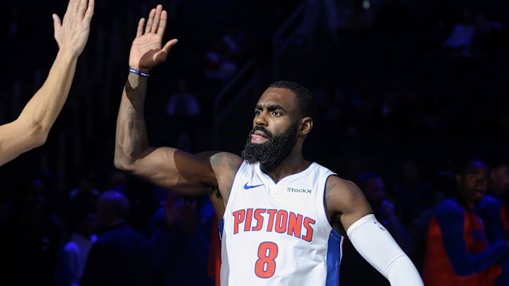 Oct 16, 2024; Detroit, Michigan, USA; Detroit Pistons forward Tim Hardaway Jr. (8) during player introductions before their preseason game against the Cleveland Cavaliers at Little Caesars Arena. Mandatory Credit: Lon Horwedel-Imagn Images