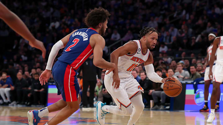 Oct 21, 2022; New York, New York, USA; New York Knicks guard Jalen Brunson (11) and Detroit Pistons guard Cade Cunningham (2) during the fourth quarter at Madison Square Garden. Mandatory Credit: Tom Horak-Imagn Images