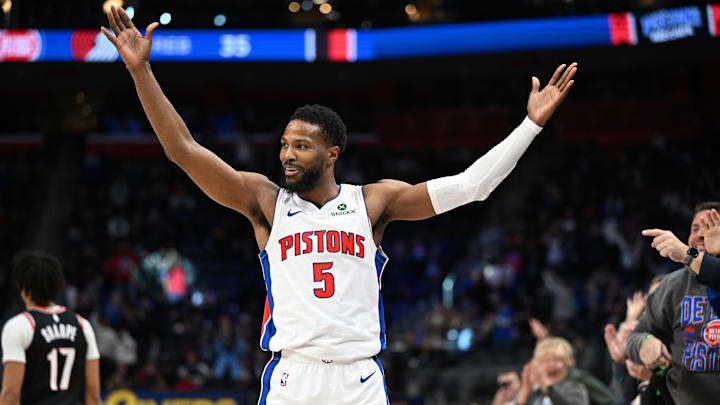 Jan 6, 2025; Detroit, Michigan, USA;  Detroit Pistons guard Malik Beasley (5) celebrates after hitting a three-point shot to put the Pistons ahead of the Portland Trail Blazers late in the fourth quarter at Little Caesars Arena. Mandatory Credit: Lon Horwedel-Imagn Images