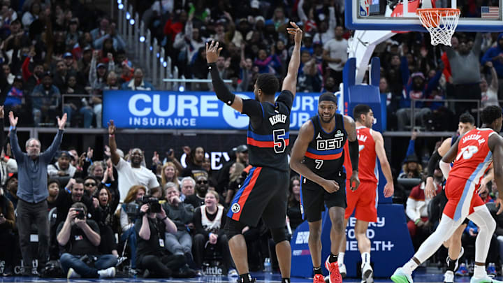 Apr 5, 2025; Detroit, Michigan, USA; Detroit Pistons guard Malik Beasley (5) celebrates after making a three point basket against the Memphis Grizzlies in the fourth quarter at Little Caesars Arena. Mandatory Credit: Lon Horwedel-Imagn Images Apr 5, 2025; Detroit, Michigan, USA; Detroit Pistons guard Malik Beasley (5) celebrates after making a three point basket against the Memphis Grizzlies in the fourth quarter at Little Caesars Arena. Mandatory Credit: Lon Horwedel-Imagn Images
