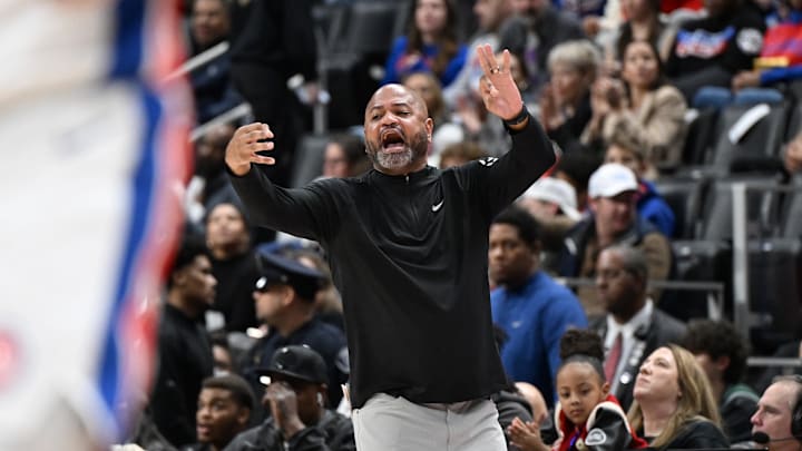 Jan 1, 2025; Detroit, Michigan, USA;  Detroit Pistons head coach JB. Bickerstaff yells instructions to his team against the Orlando Magic in the second quarter at Little Caesars Arena. Mandatory Credit: Lon Horwedel-Imagn Images
