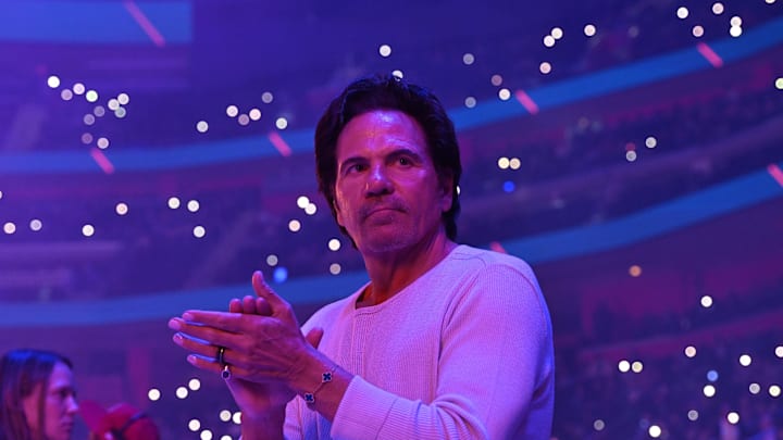 Mar 23, 2025; Detroit, Michigan, USA; Detroit Pistons owner Tom Gores looks on before the game against the New Orleans Pelicans at Little Caesars Arena. Mandatory Credit: Lon Horwedel-Imagn Images