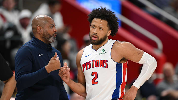 Mar 12, 2026; Detroit, Michigan, USA; Detroit Pistons head coach J.B. Bickerstaff talks with Pistons guard Cade Cunningham (2) during a break in the action against the Philadelphia 76ers in the first half at Little Caesars Arena. Mandatory Credit: Lon Horwedel-Imagn Images Mar 12, 2026; Detroit, Michigan, USA; Detroit Pistons head coach J.B. Bickerstaff talks with Pistons guard Cade Cunningham (2) during a break in the action against the Philadelphia 76ers in the first half at Little Caesars Arena. Mandatory Credit: Lon Horwedel-Imagn Images