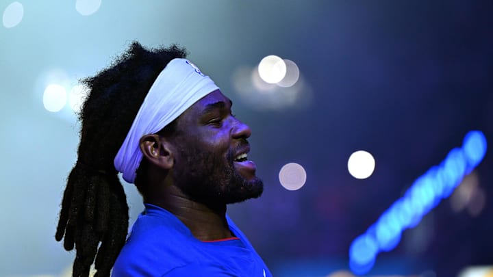 Feb 3, 2026; Detroit, Michigan, USA;  Detroit Pistons forward Isaiah Stewart (28) during player introductions before their game against the Denver Nuggets at Little Caesars Arena. Mandatory Credit: Lon Horwedel-Imagn Images