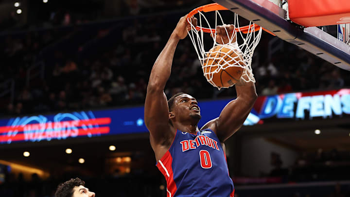 Mar 17, 2026; Washington, District of Columbia, USA; Detroit Pistons center Jalen Duren (0) dunks during the first half against the Washington Wizards at Capital One Arena. Mandatory Credit: Daniel Kucin Jr.-Imagn Images